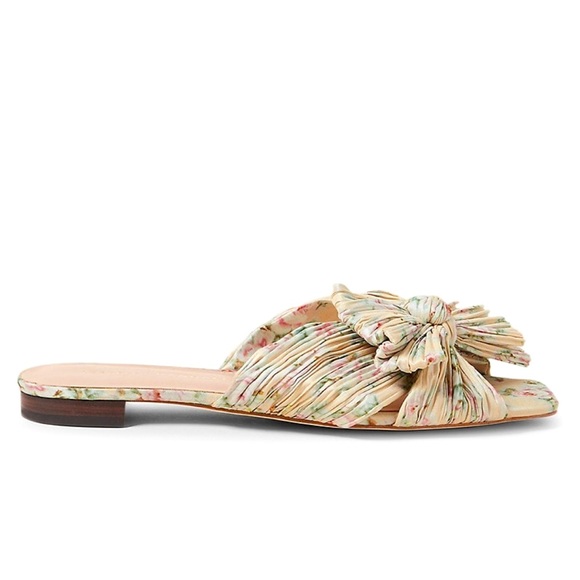 New Loeffler Randall BHLDN Daphne Pleated Bow 7 Beige Floral Knotted Slide Flat - Picture 2 of 6